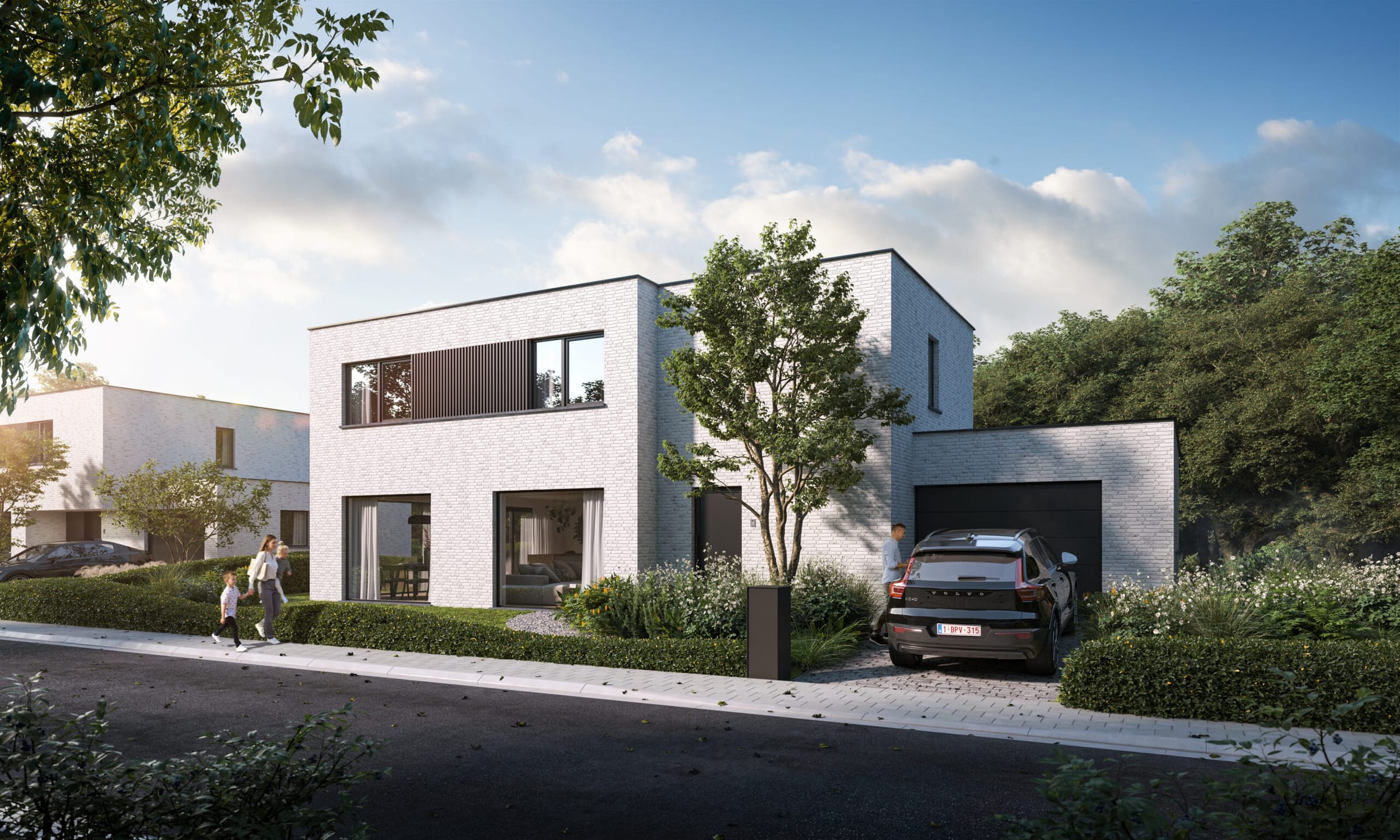 Render van een ensemble landelijke witte villa's met rode pannendaken in Ichtegem