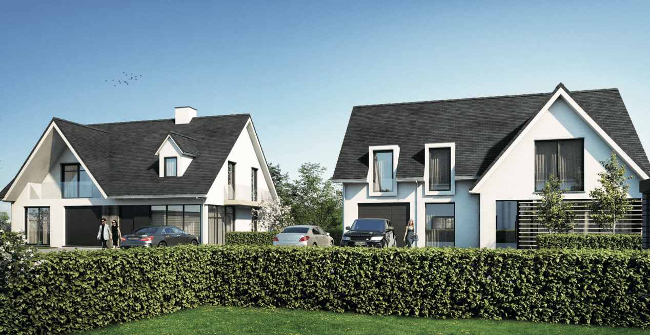 Voorgevelfoto van de Zilverberk: tijdloze koppelwoningen en villa's in lichte baksteen met grijze daken