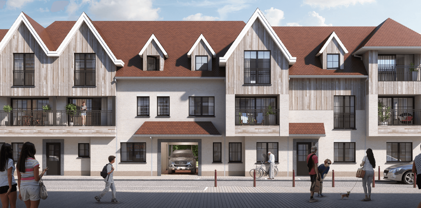 Render van het appartementsgebouw De Zuiderzon met balkons en lichte baksteen in Jabbeke