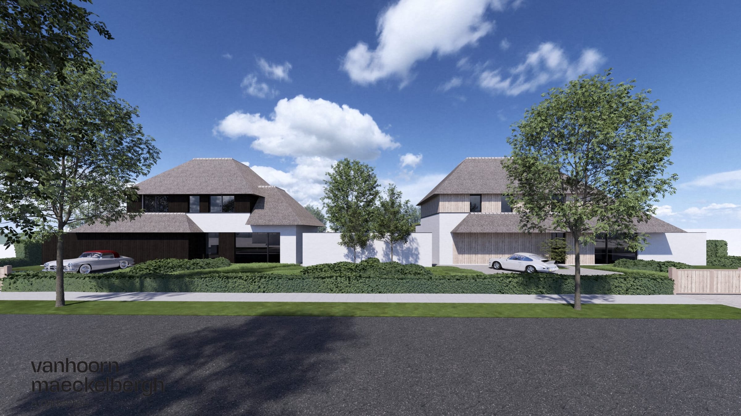 Render van twee landelijke villa's met rieten daken en lichte gevels in Varsenare