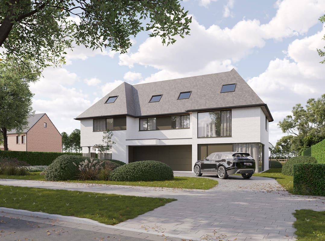 Exterieurrender van de Heritage D'or villa in witte tinten met dakraampartijen en aangelegde tuin