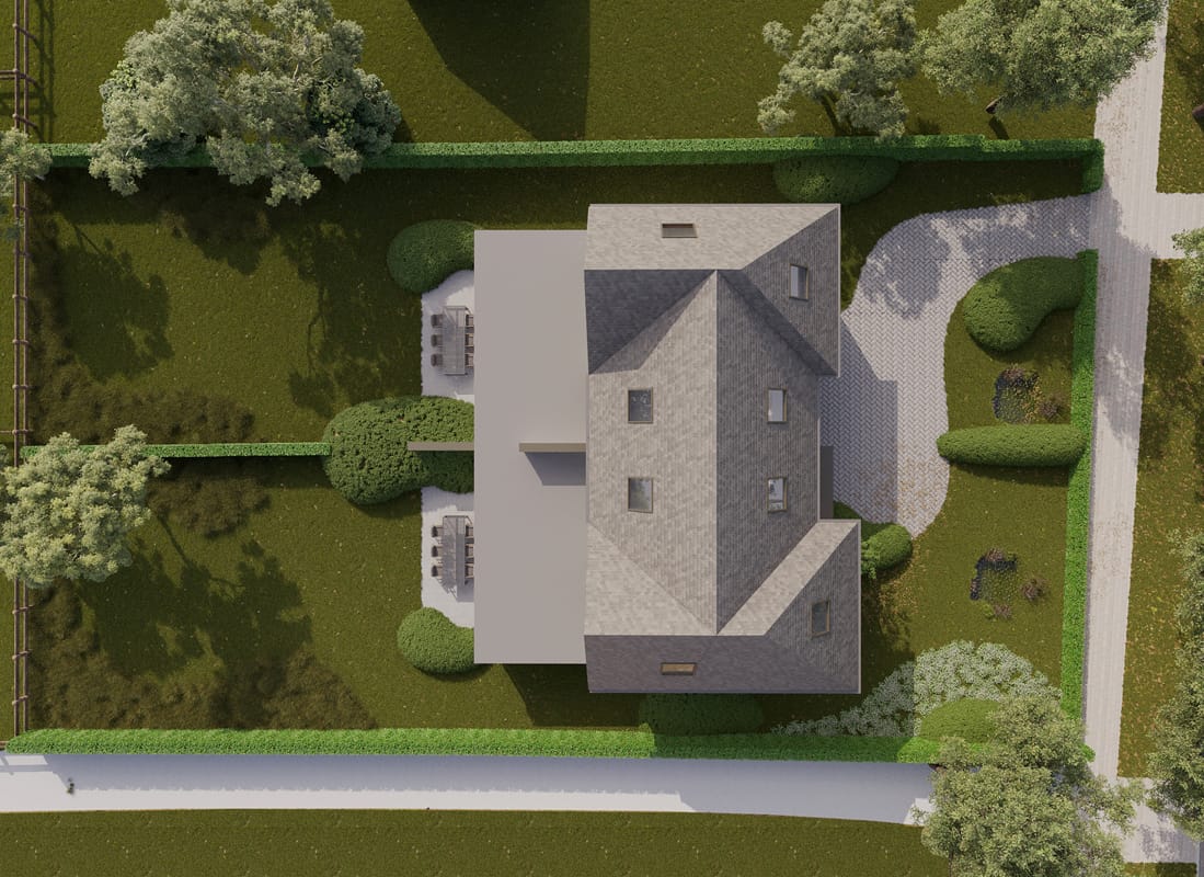 Vogelperspectief-render van een witgepleisterde villa met strak aangelegde tuin, Heritage D'or Sint-Andries