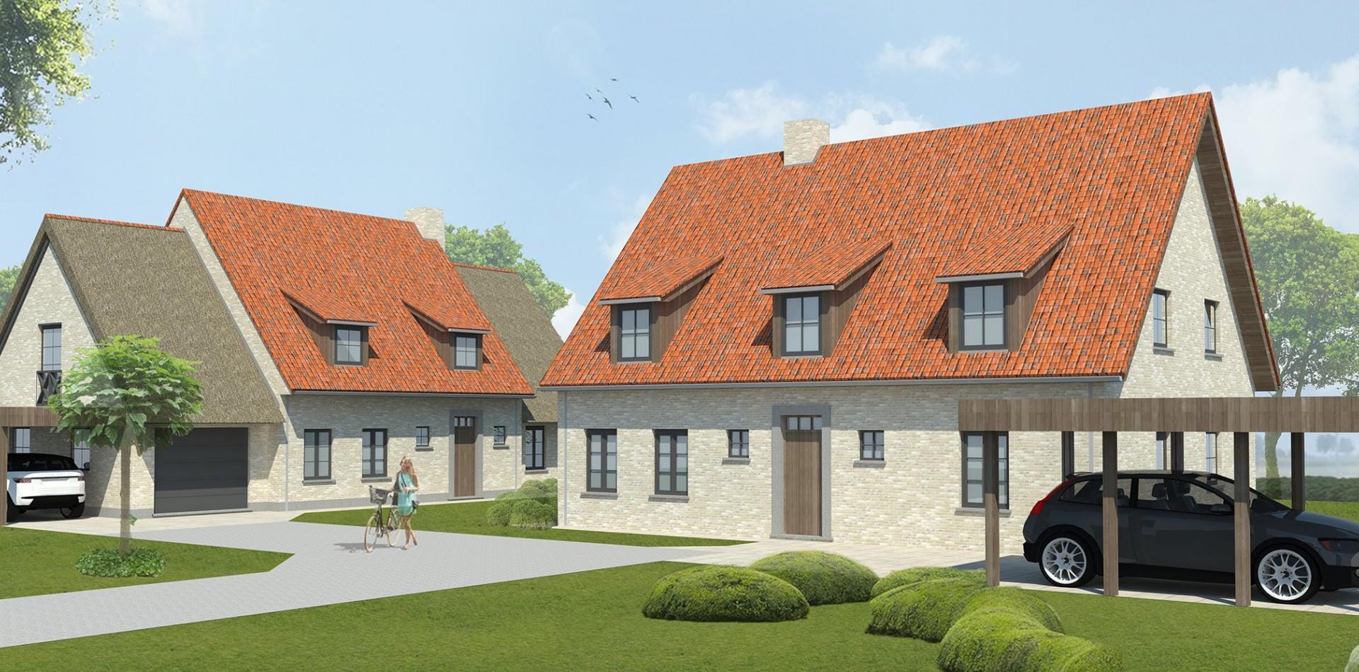 Render van twee landelijke witte villa's met oranje pannendaken, Het Molenhof Avekapelle