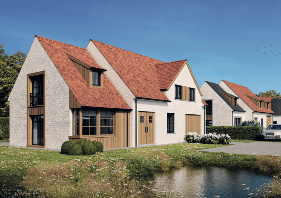 Horizontale render van de gerealiseerde Prinsenhof-villa's met witgepleisterde gevels en rode pannendaken