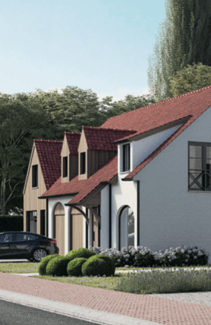 Verticale render van witgepleisterde landelijke woningen met steile rode pannendaken aan een vijver