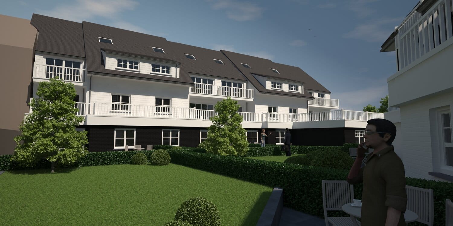 Render van het Zonnehof-appartementencomplex met witte gevels en balkons in Aartrijke