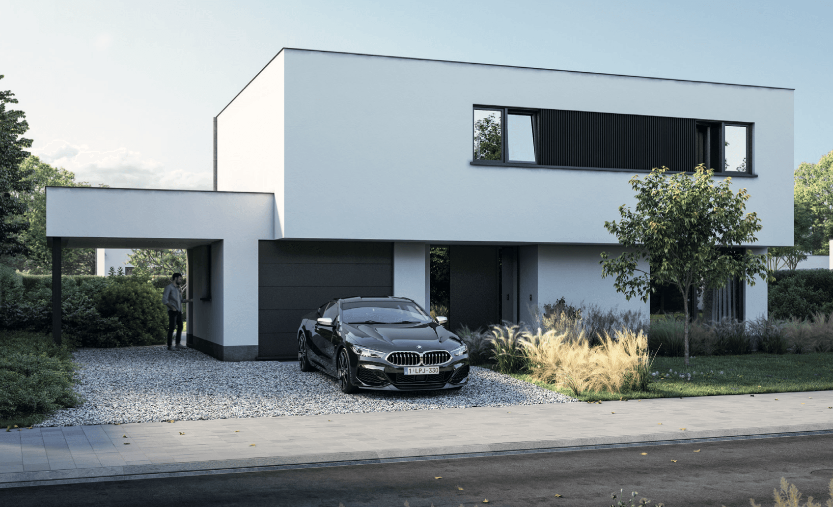 Visualisatie van vier moderne alleenstaande villa's in lichte materialen in Lombardsijde
