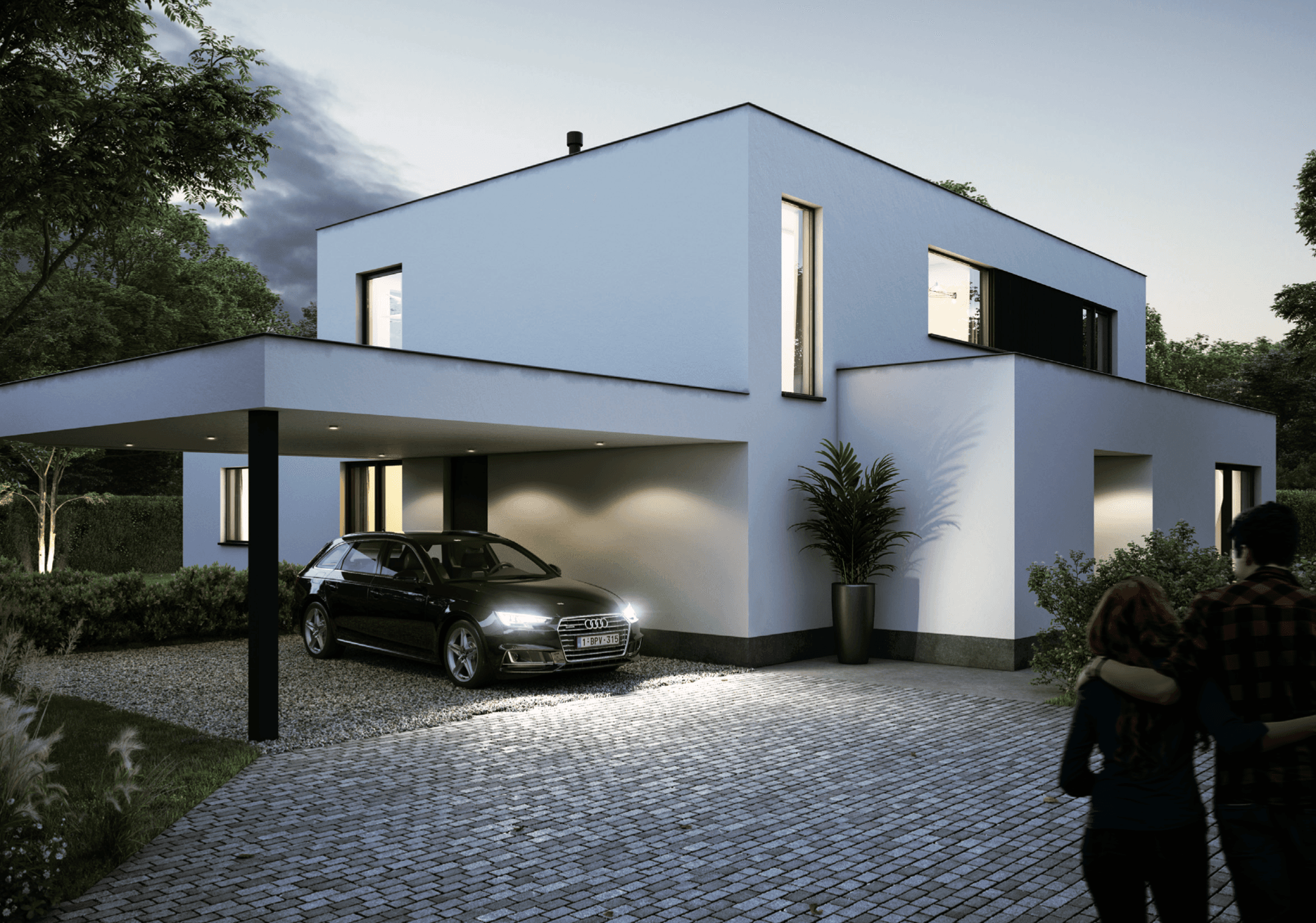 Architecturale render van een strakke witte kubuswoning met carport bij avondschemering