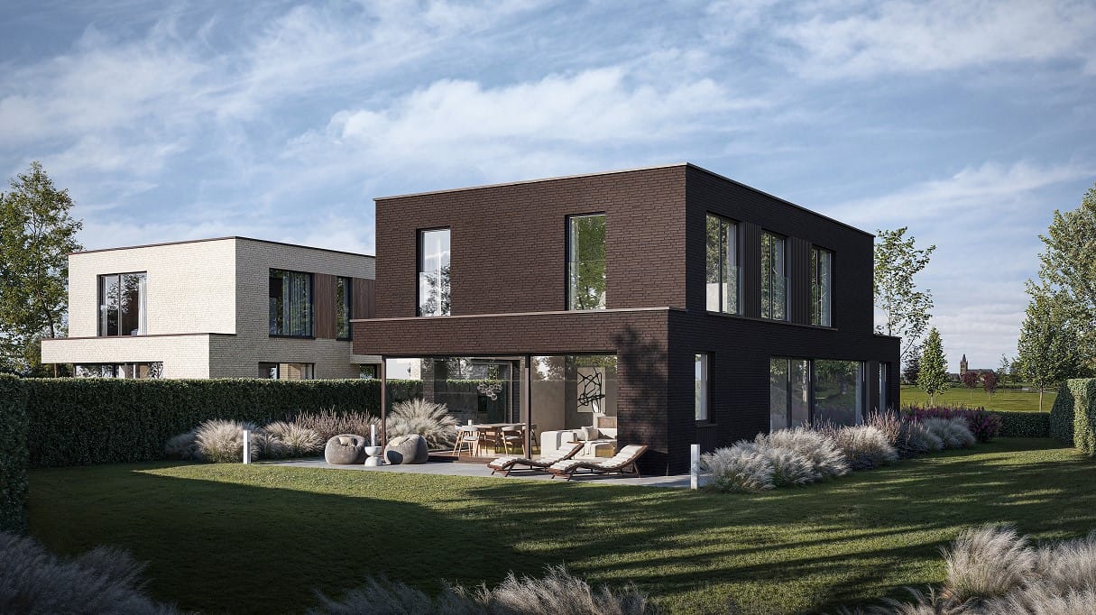 Ontwerpvisualisatie van twee parkvilla's met groene omgeving, Park Villa's Zenith en Axis Jabbeke