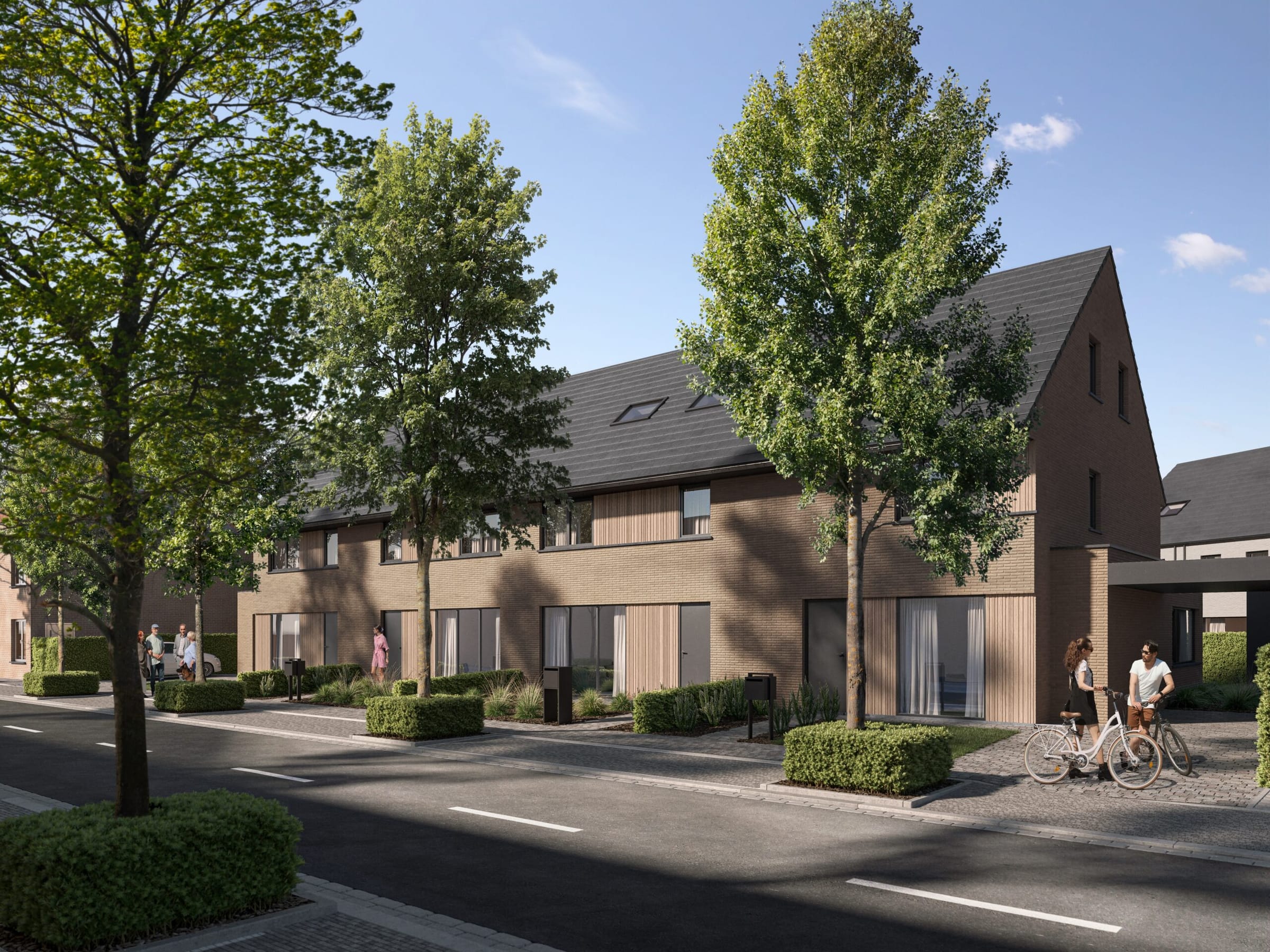 Render van een ruime twee-laagse villa met witte baksteen en grijs pannendak, Permekehof Centrum Jabbeke