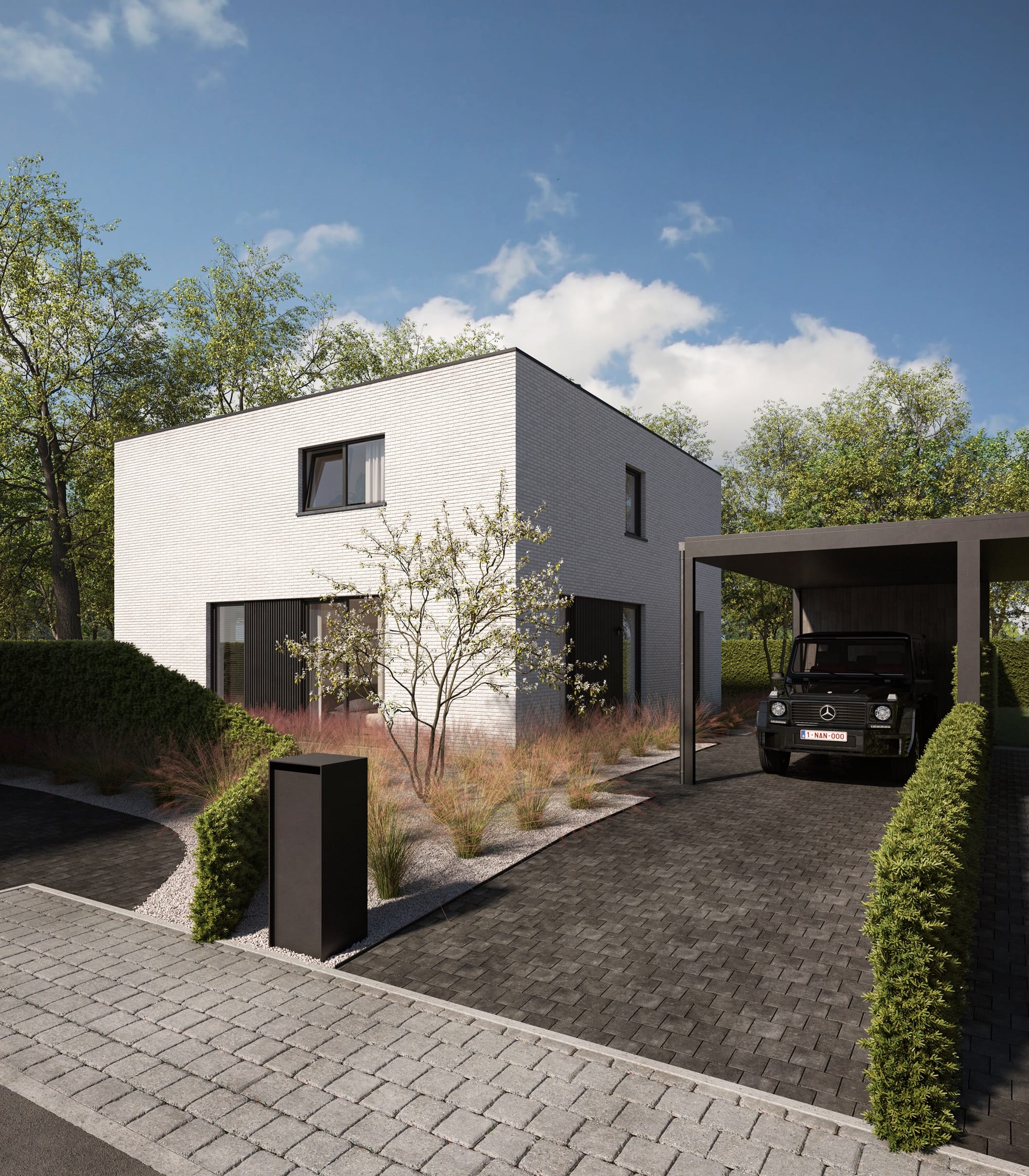 Render van een kubistische witte baksteenvilla met carport in het Permekehof-project te Jabbeke