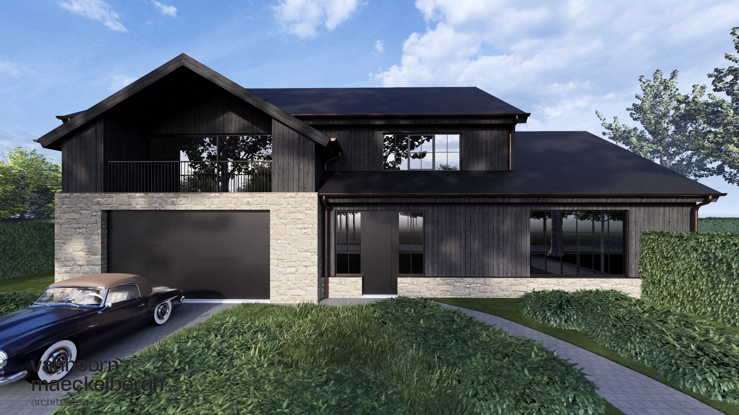 Render van een moderne villa met donker hout, natuurstenen plint en dubbele garage in Sint-Kruis