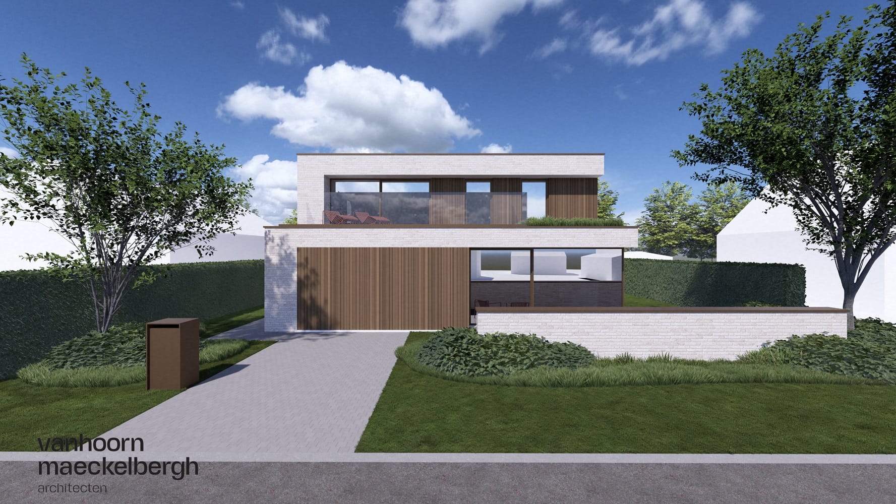 Render van een hedendaagse twee-laagse villa met witte baksteen en houten lattengevel in Sint-Michiels